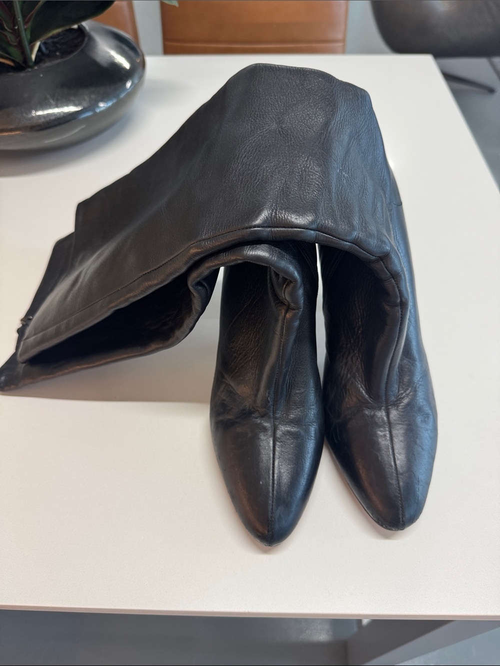 Prada Black Leather Knee-High Pointed-Toe Boots